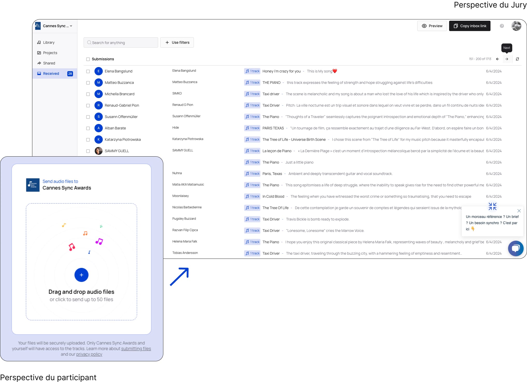 Screenshot du workspace et de l’inbox Bridge des Cannes Sync Awards