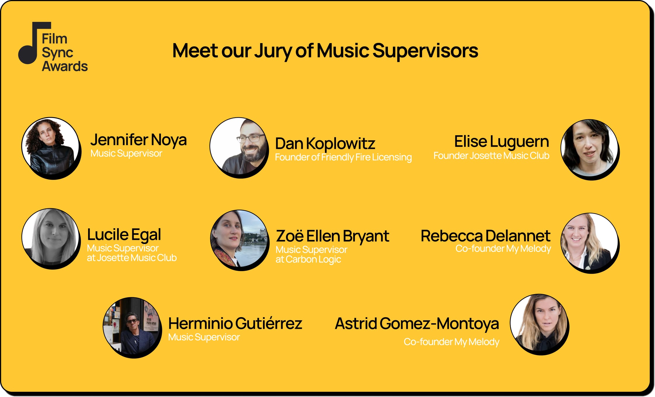 Image of the eight music supervisors who were the jury for the 2025 Film Sync Awards