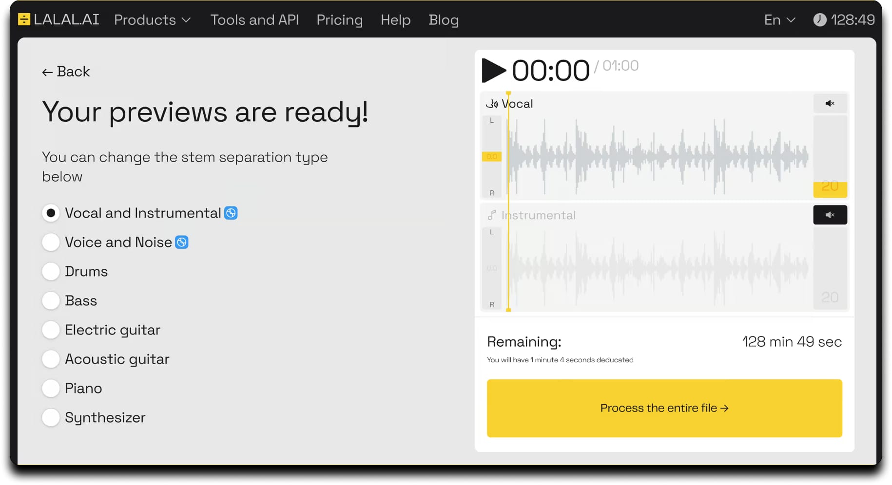Capture d’écran de LALAL.AI