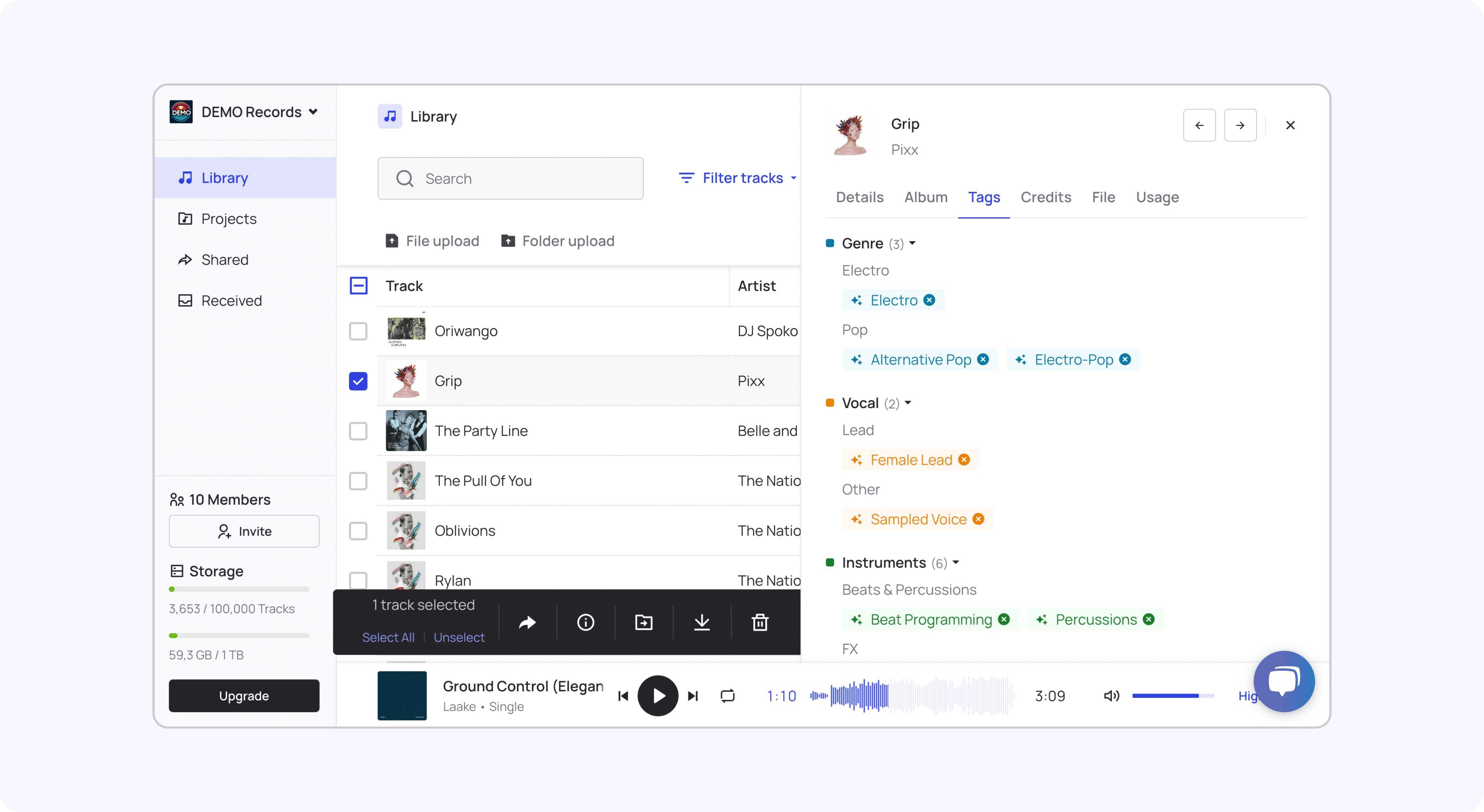 A screenshot of a Bridge.audio workspace and Bridge’s AI auto-tagging feature