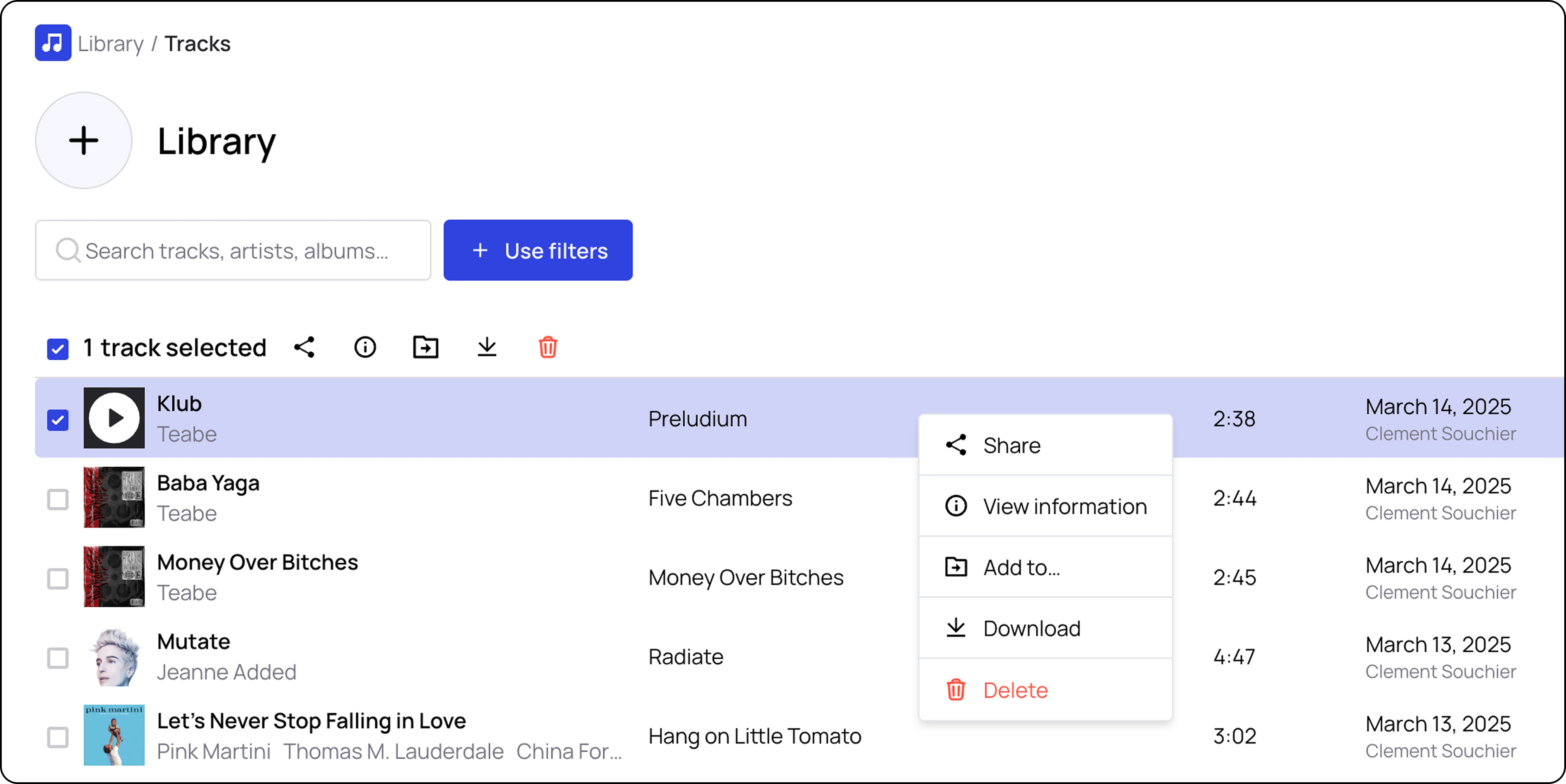 Screenshot de la feature clique-droit sur Bridge.audio