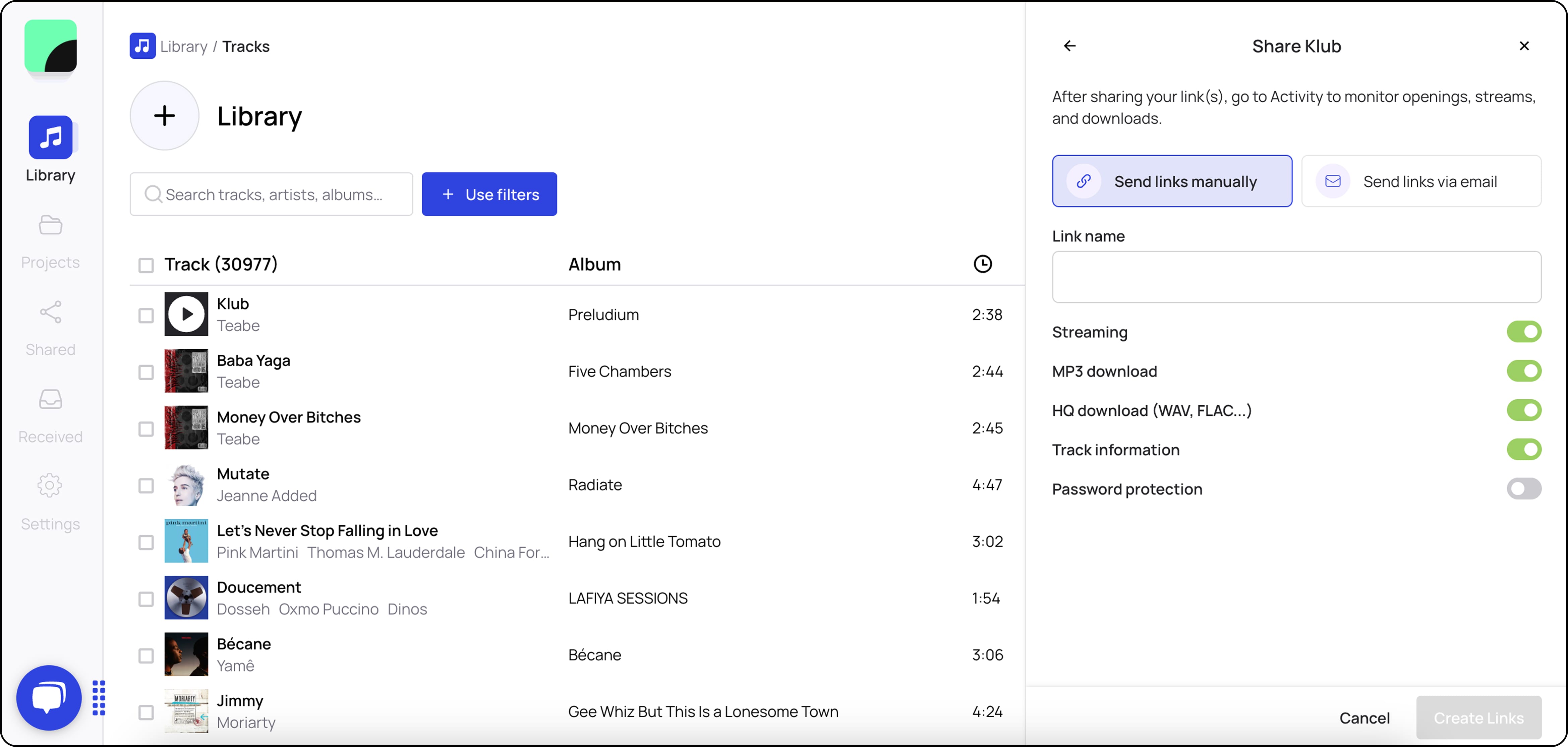 Screenshot de la feature share sur Bridge.audio
