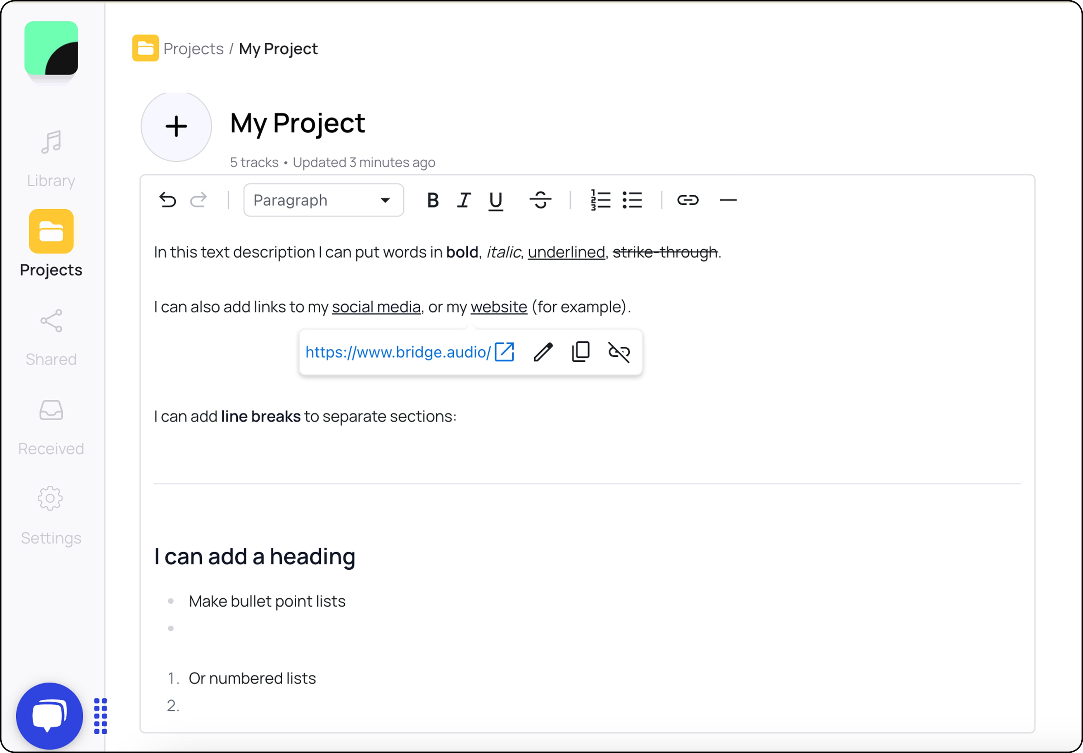 Screenshot of Bridge.audio’s new text modification feature