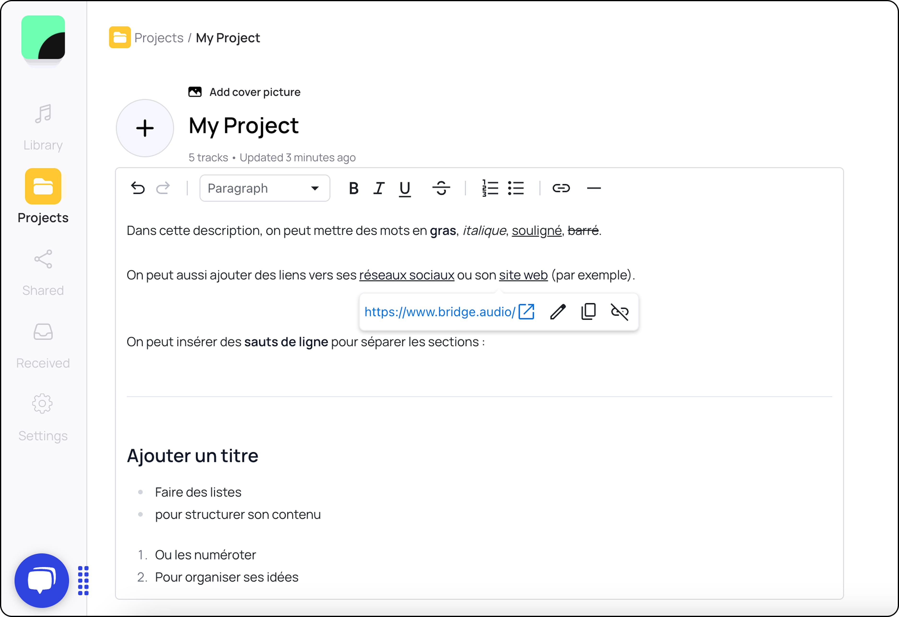 Screenshot des modifications de texte possible sur Bridge.audio