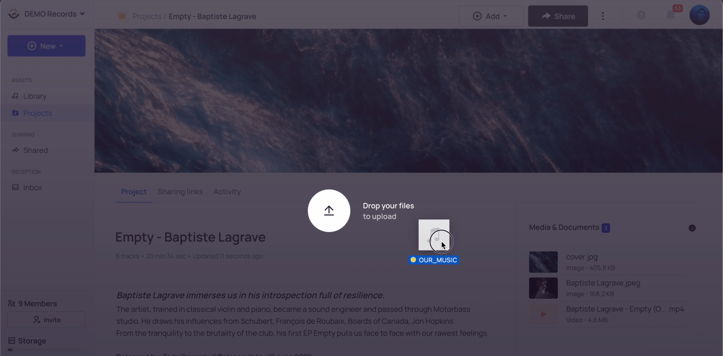 Interface de Bridge.audio pour l’ajout de fichier sur un EPK