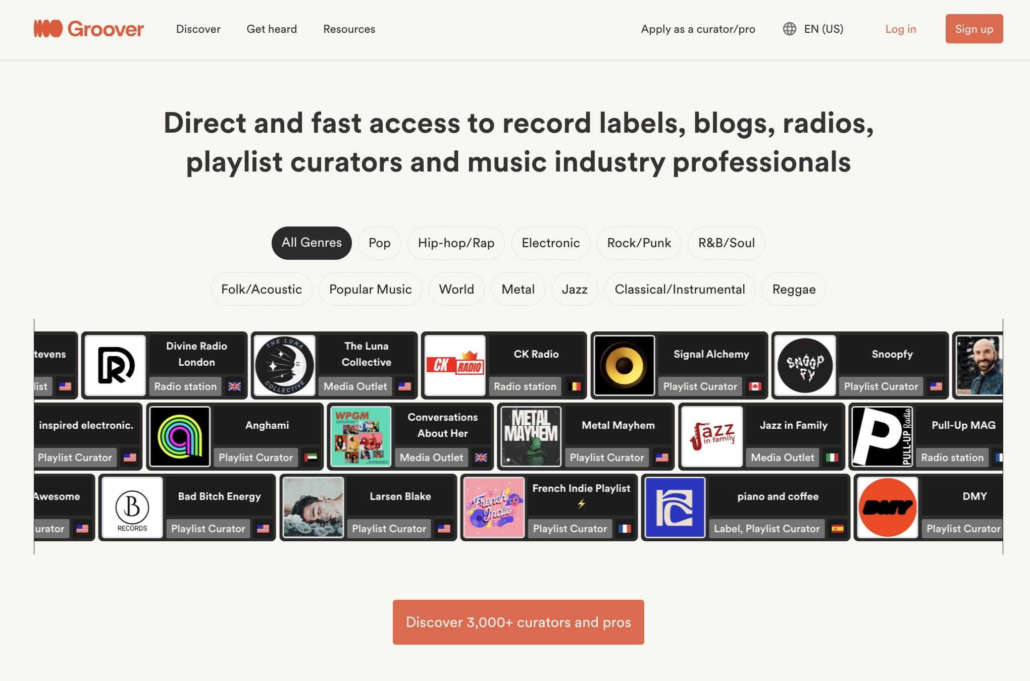 Capture d’écran de la landing page de Groover