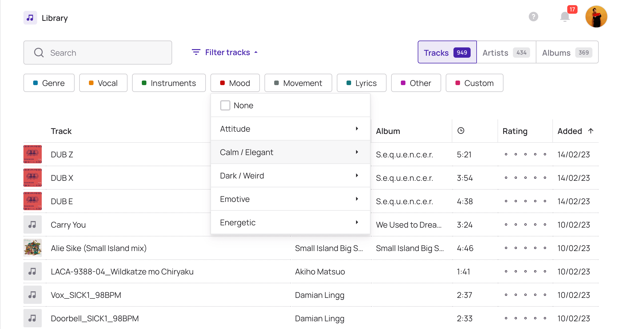 Music tag filters available on Bridge.audio workspaces