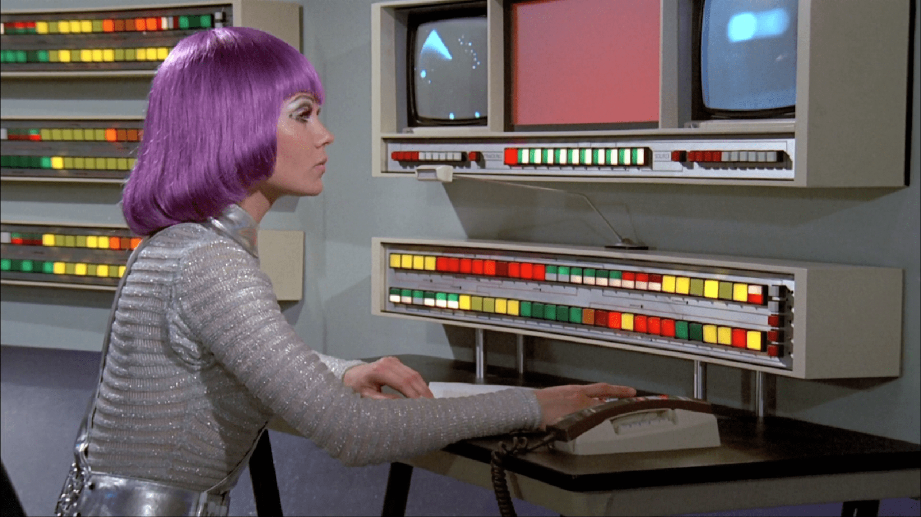 Woman working in a retro futuristic office