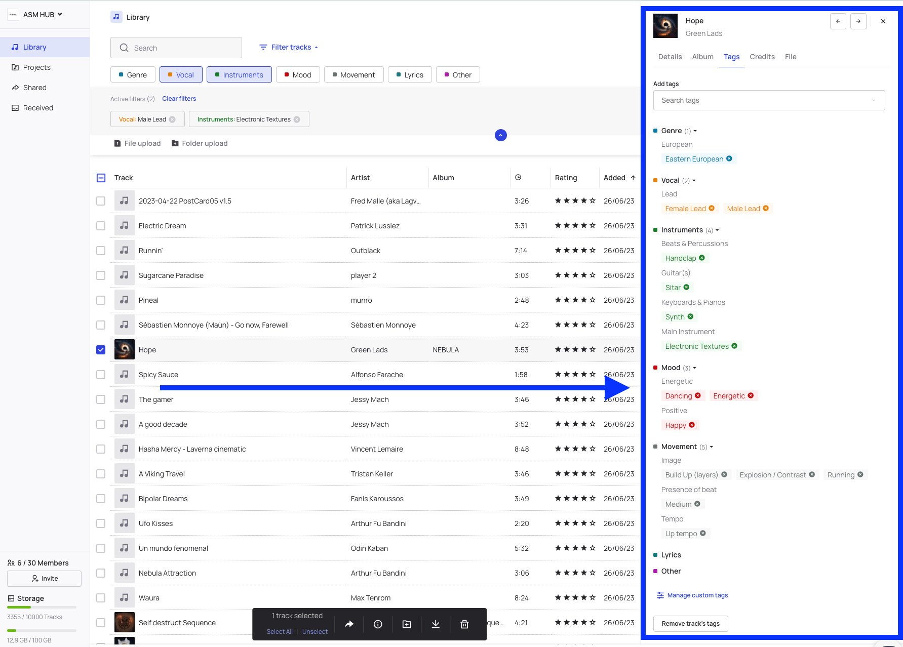 Screenshot of Bridge.audio interface displaying the AI generated tags.