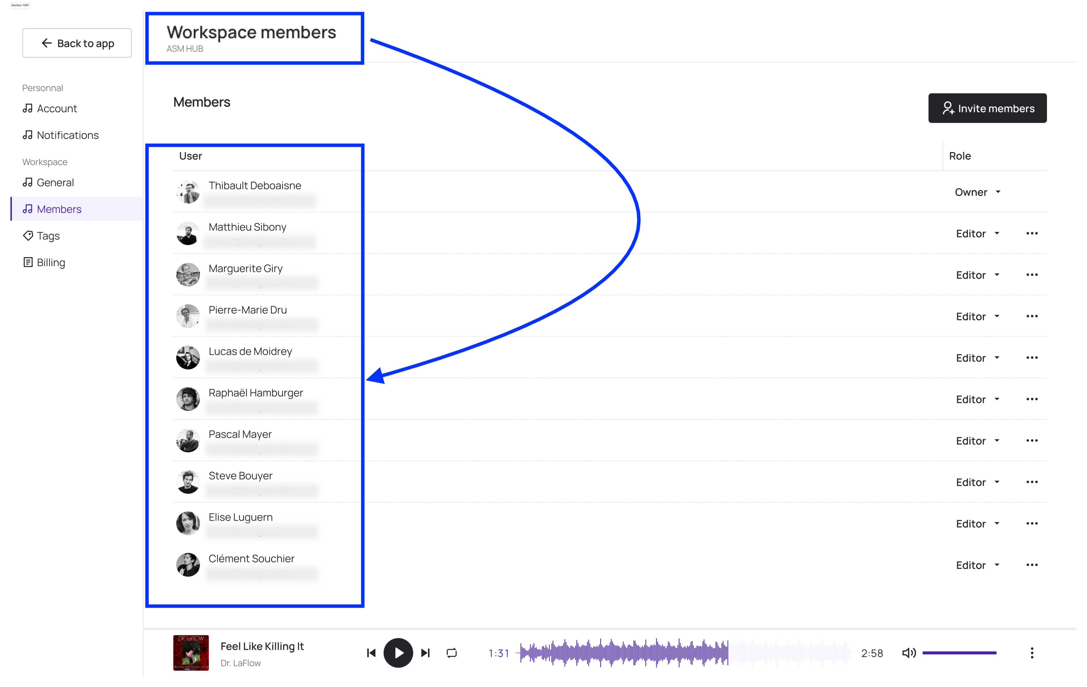 Screenshot of Bridge.audio interface displaying members of a workspace