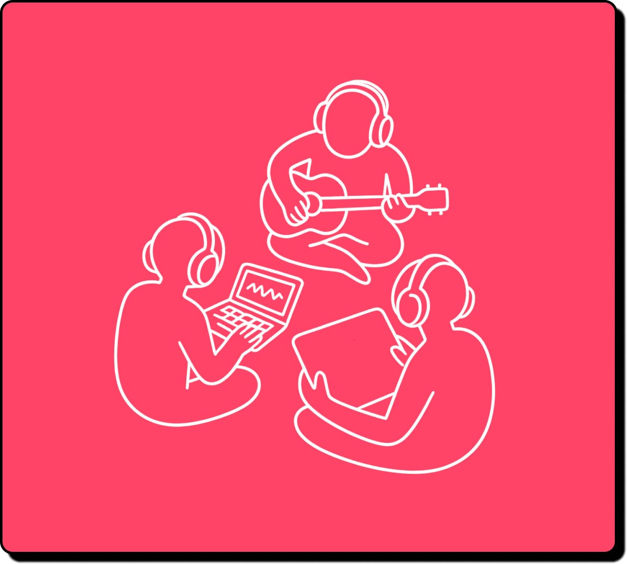 Minimalistic illustration of three artists sitting around in a circle