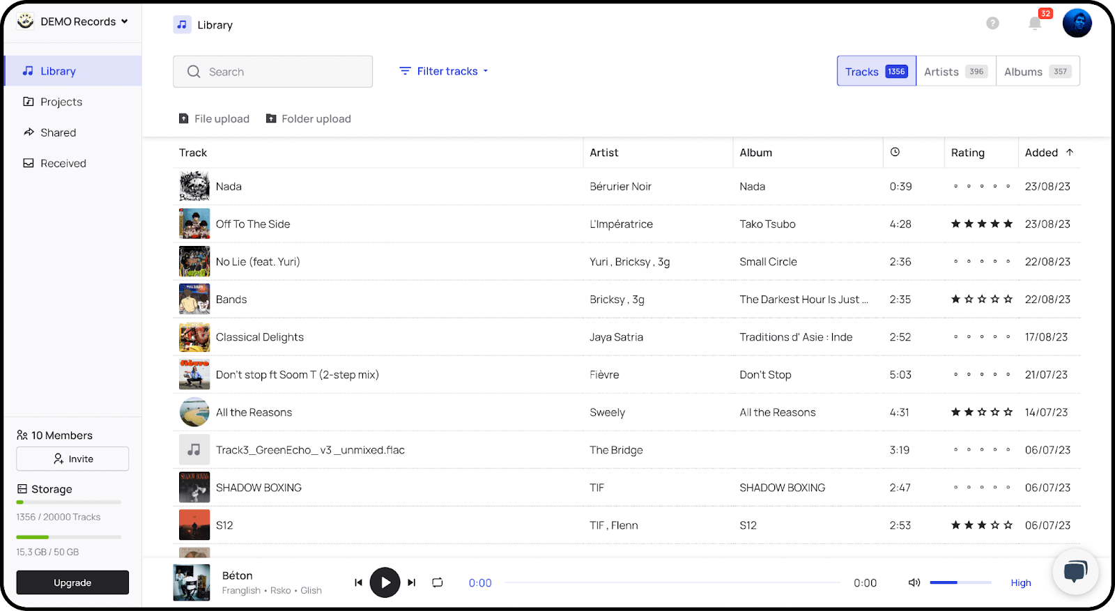 Screenshot of Bridge.audio music catalog management interface