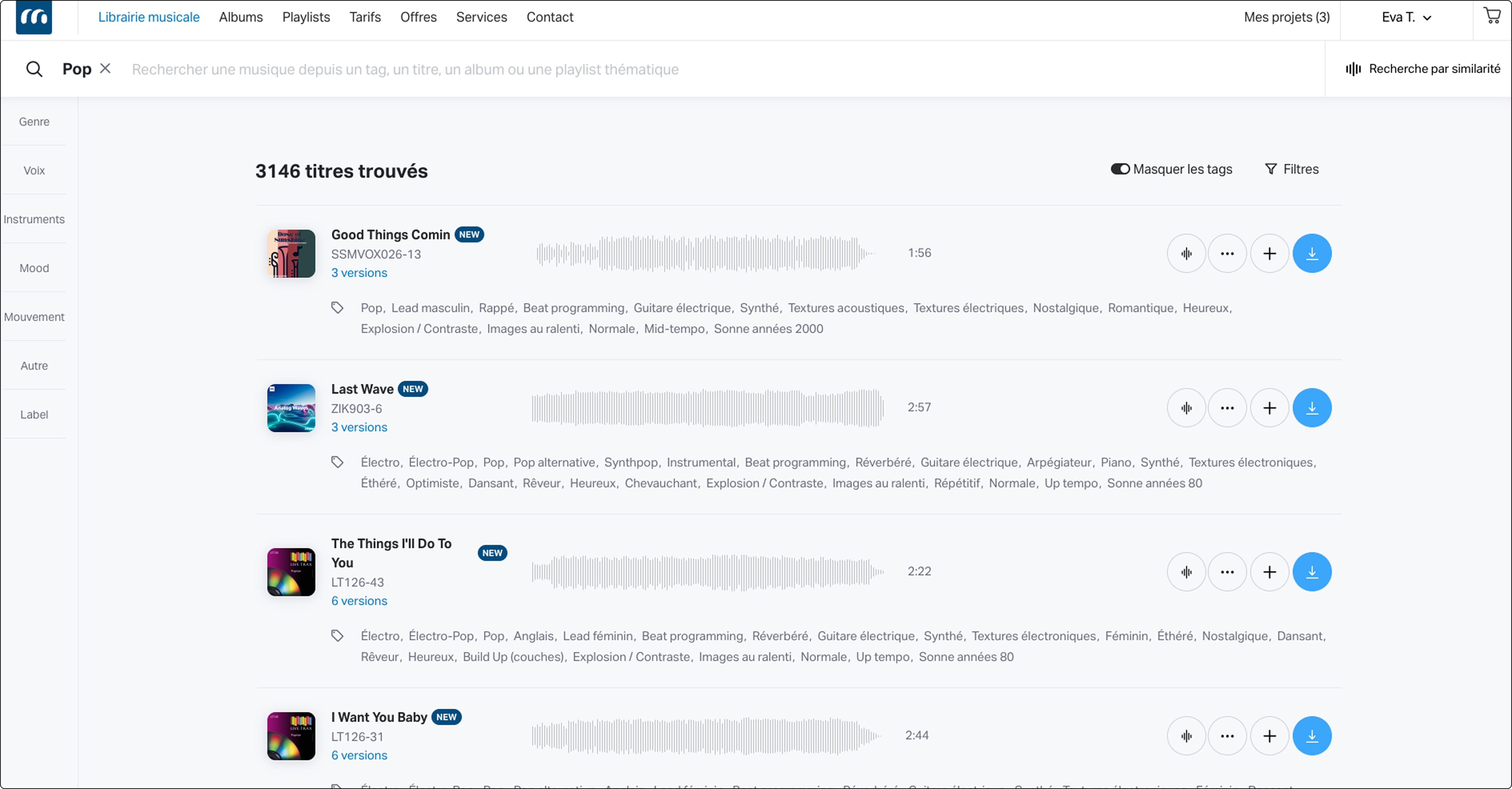 Screenshot of Miooz library searched by the “Piano” Tag