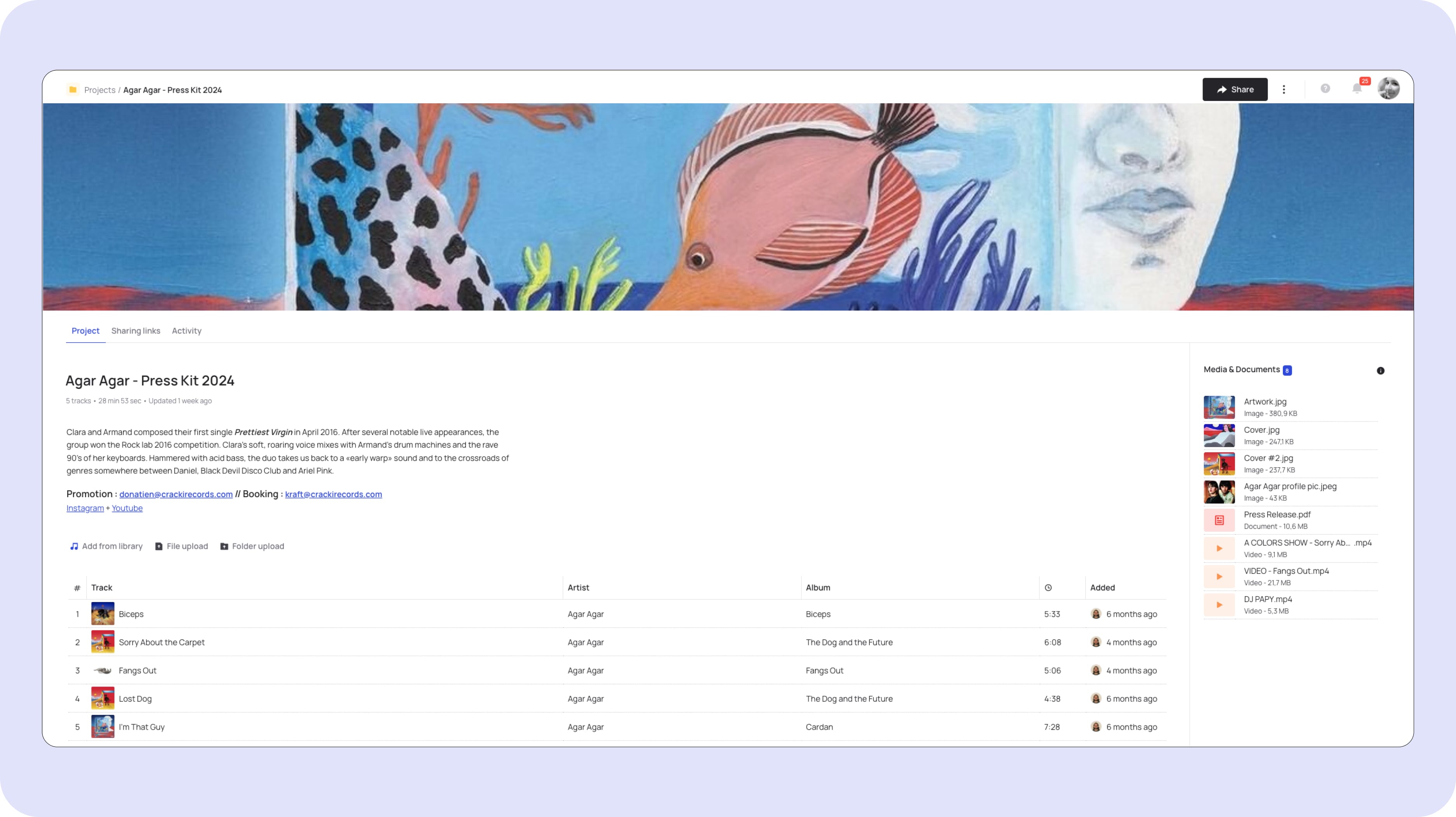 Screenshot of a press kit made with Bridge.audio