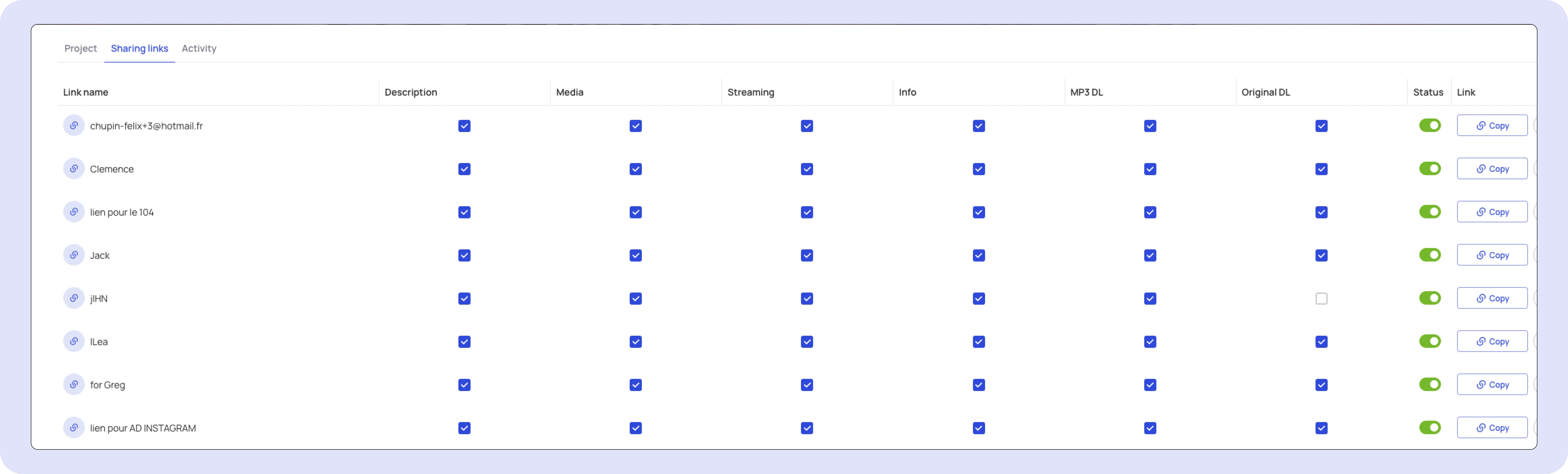 Screenshot of the modifiable and personalizable link share options on Bridge.audio