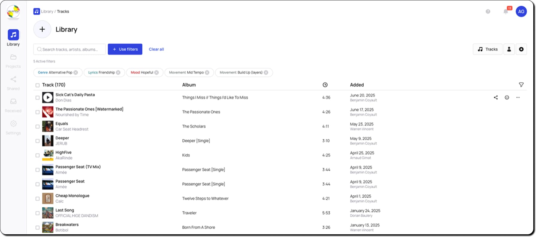 Screenshot of Velvetica’s Bridge library filtered by AI auto-tags