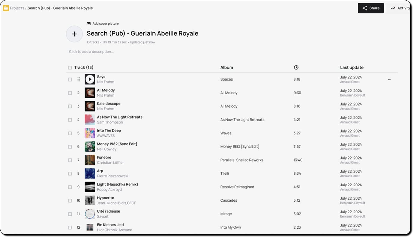 Screenshot of one of Velvetica’s sync playlists made via Bridge