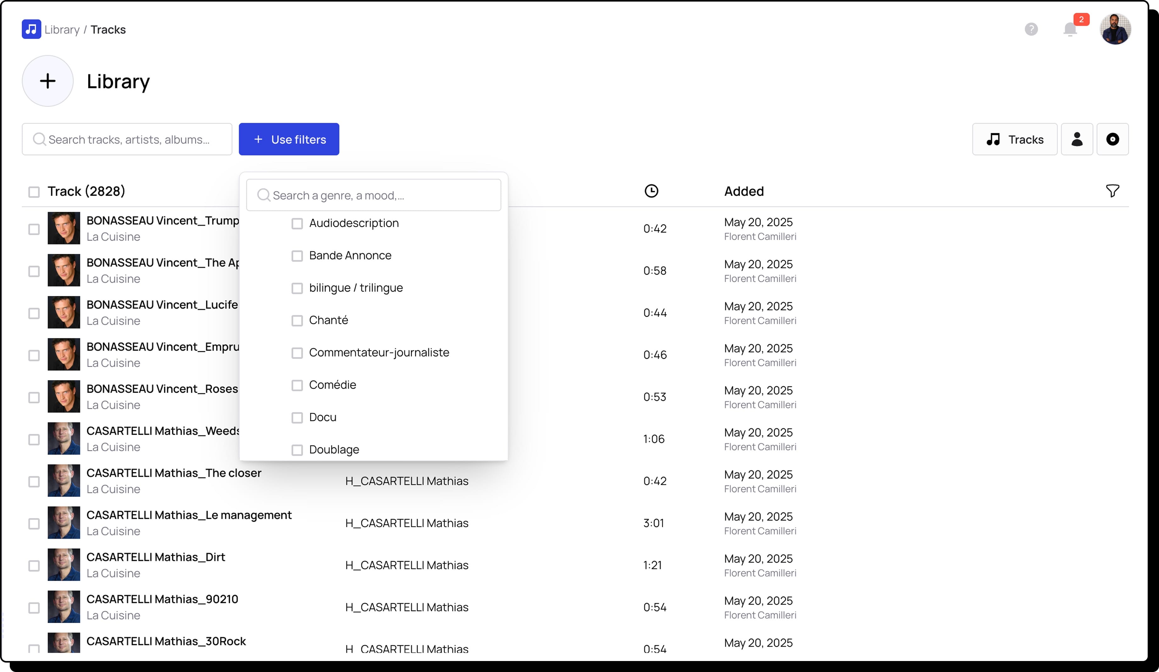 Screenshot of La Cuisine’s Bridge library with custom tags